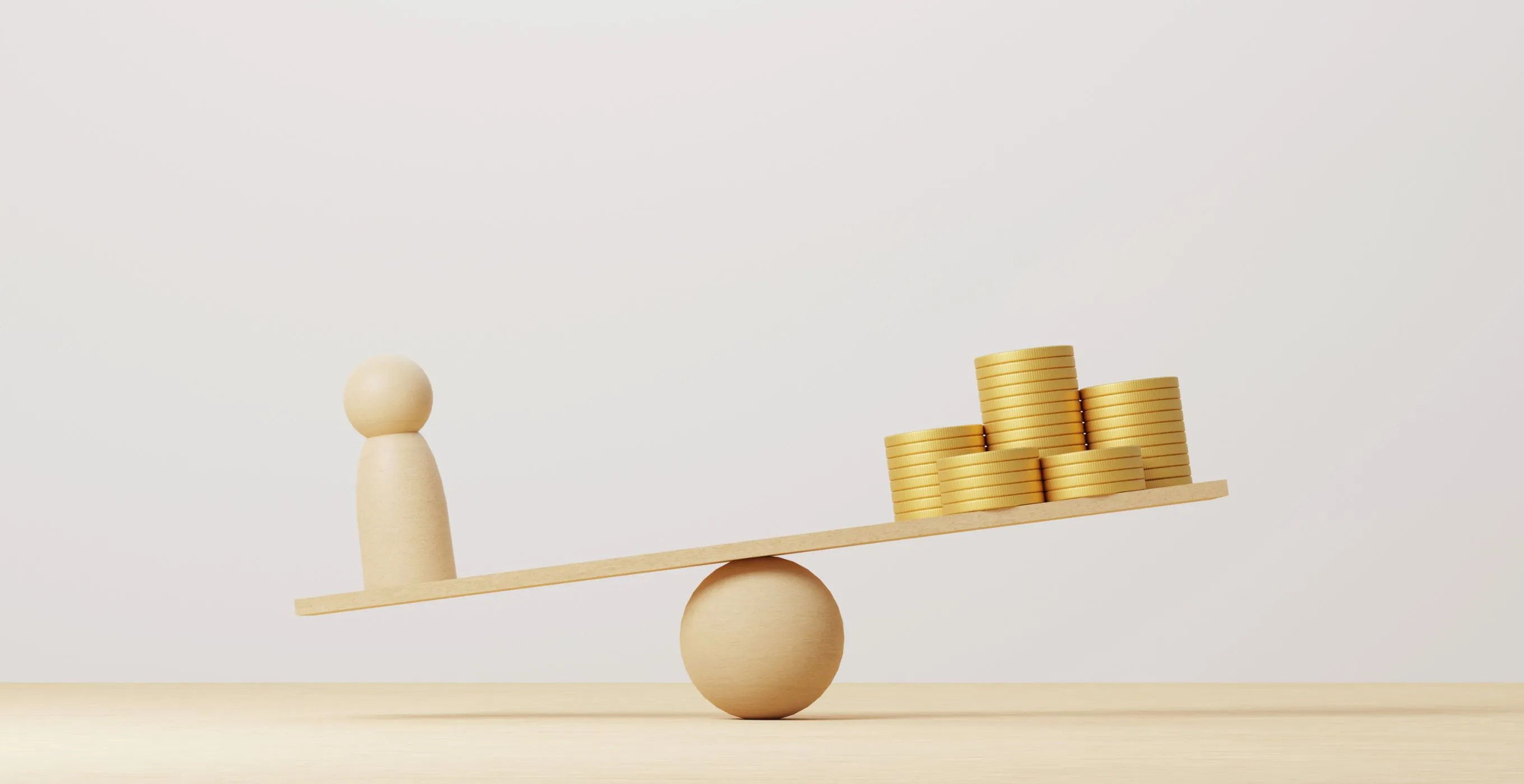 A wooden figure on a seesaw outweighed by stacks of gold coins