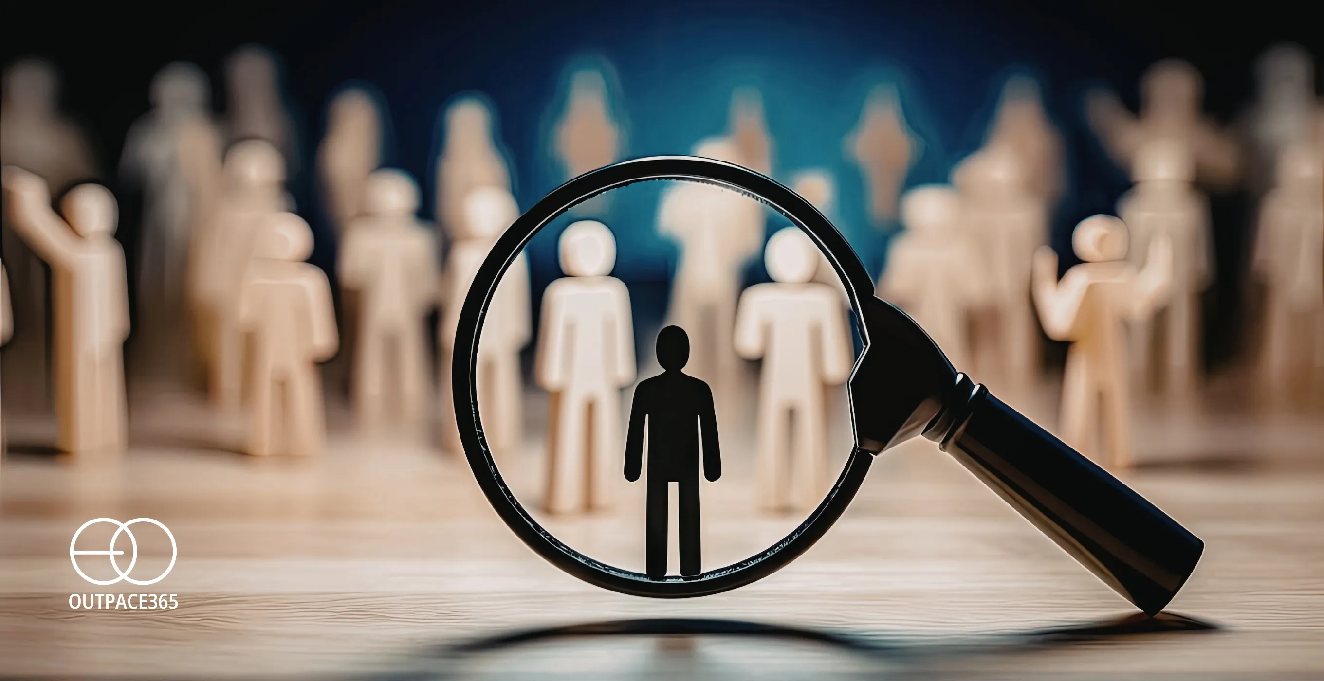 A magnifying glass singling out one figure in a crowd